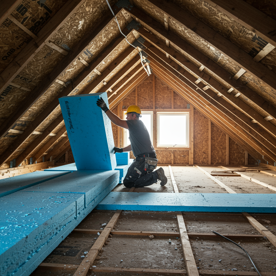 "Instalación de aislamiento de espuma rígida XPS en un ático por un técnico, destacando la renovación y el rendimiento térmico en un espacio con vigas de madera expuestas."