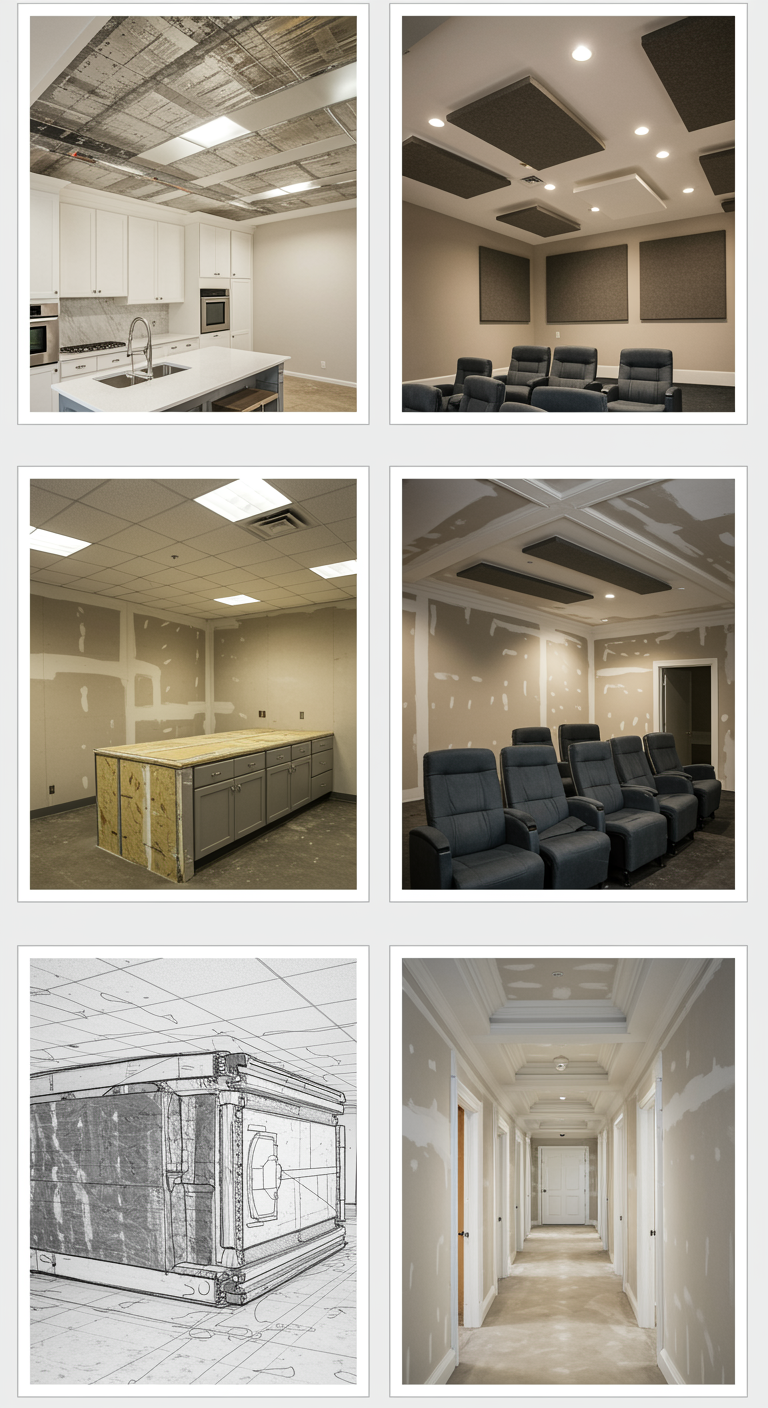imagen17 "Collage profesional de proyectos recientes de drywall e aislamiento, incluyendo una cocina moderna, sala de cine, oficina con plano de aislamiento y pasillo decorado, ideal para inspirar renovaciones."