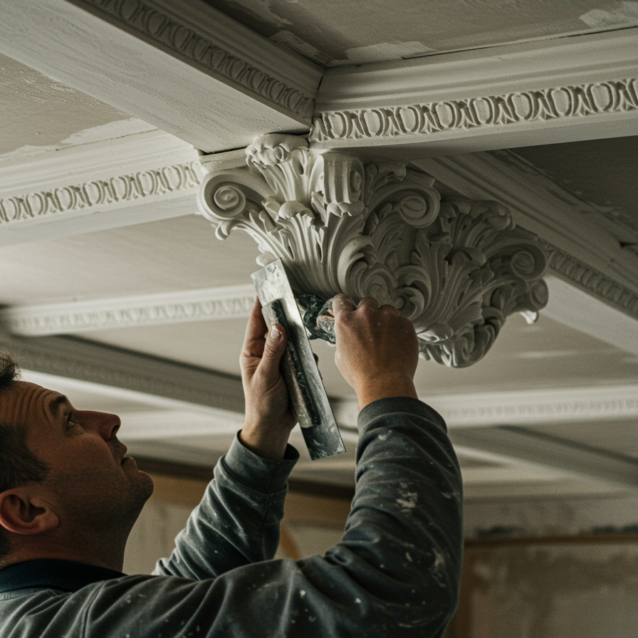 "Artesano aplicando molduras decorativas de escayola en un techo con atención al detalle en un interior clásico."