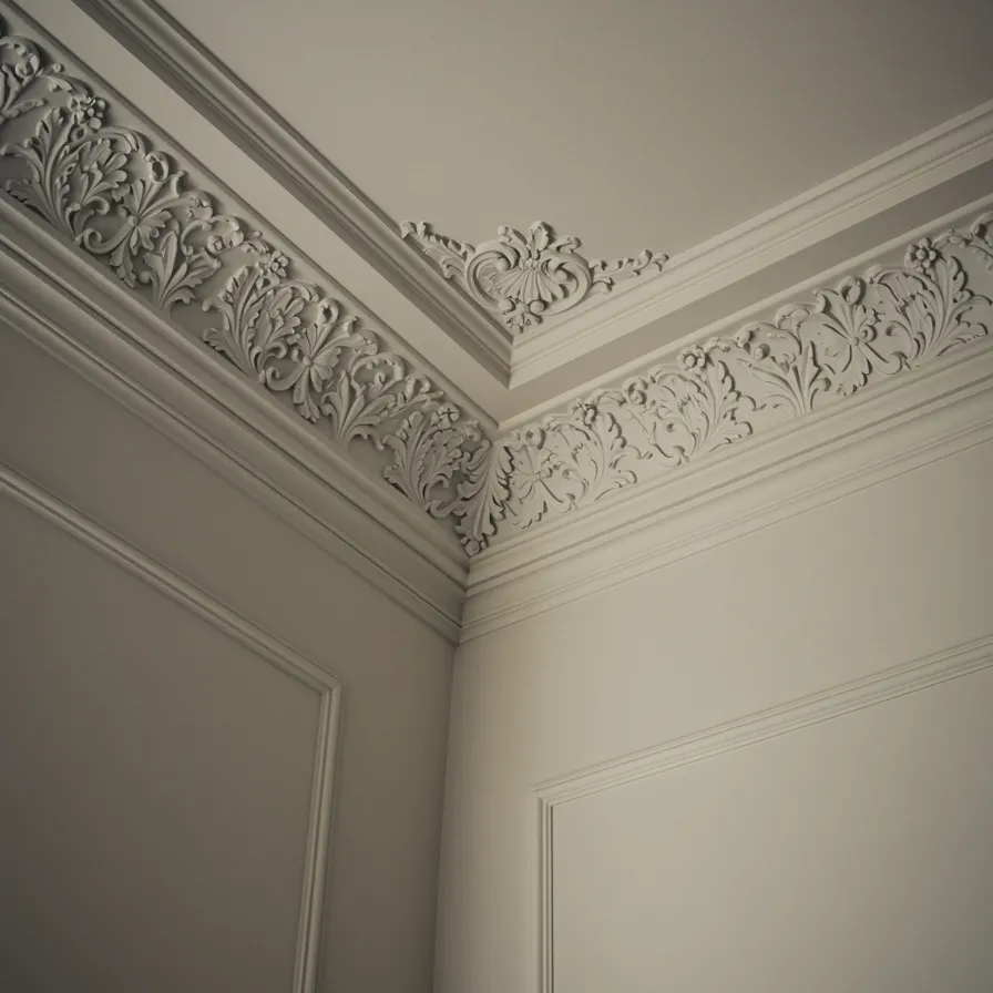 "Ceiling y pared con molduras de yeso y decoración floral en un interior elegante, resaltando la calidad y artesanía clásica."