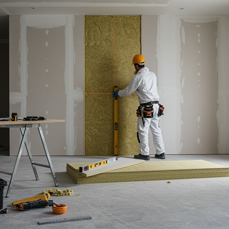 "Imagen fotorealista de un trabajador de la construcción instalando paneles de aislamiento térmico y acústico en un interior moderno, destacando prácticas laborales limpias y eficiencia energética."