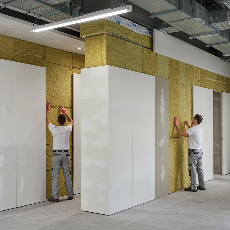 "Imagen fotorealista de un moderno oficina de planta abierta con diseño de paneles de yeso avanzado, aislamiento térmico-acústico y acabados decorativos en perlita y estuco, destacando la eficiencia energética y la reducción de ruido."