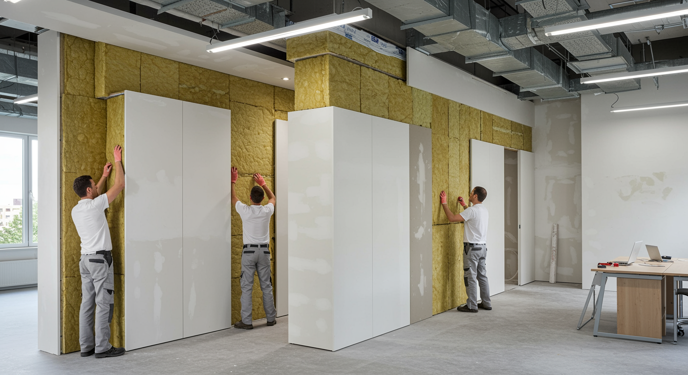 imagen26 2 "Imagen fotorealista de un moderno oficina de planta abierta con diseño de paneles de yeso avanzado, aislamiento térmico-acústico y acabados decorativos en perlita y estuco, destacando la eficiencia energética y la reducción de ruido."