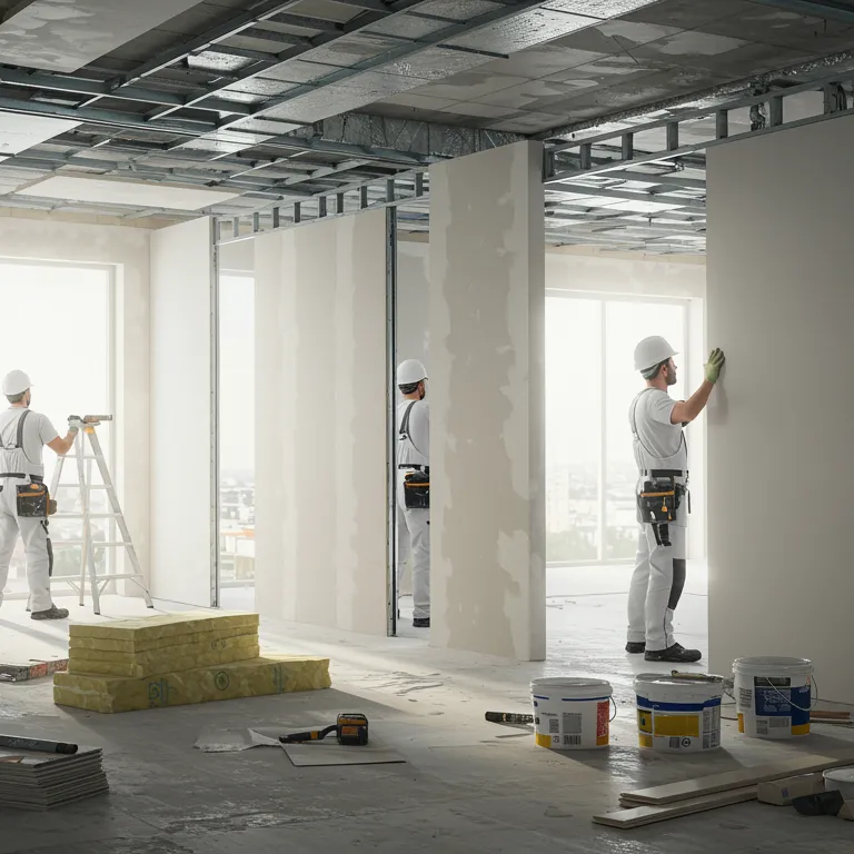 "Ilustración digital hiperrealista de un interior moderno en renovación, mostrando a trabajadores instalando pladur para mejorar el rendimiento térmico y acústico en un ambiente elegante y organizado."