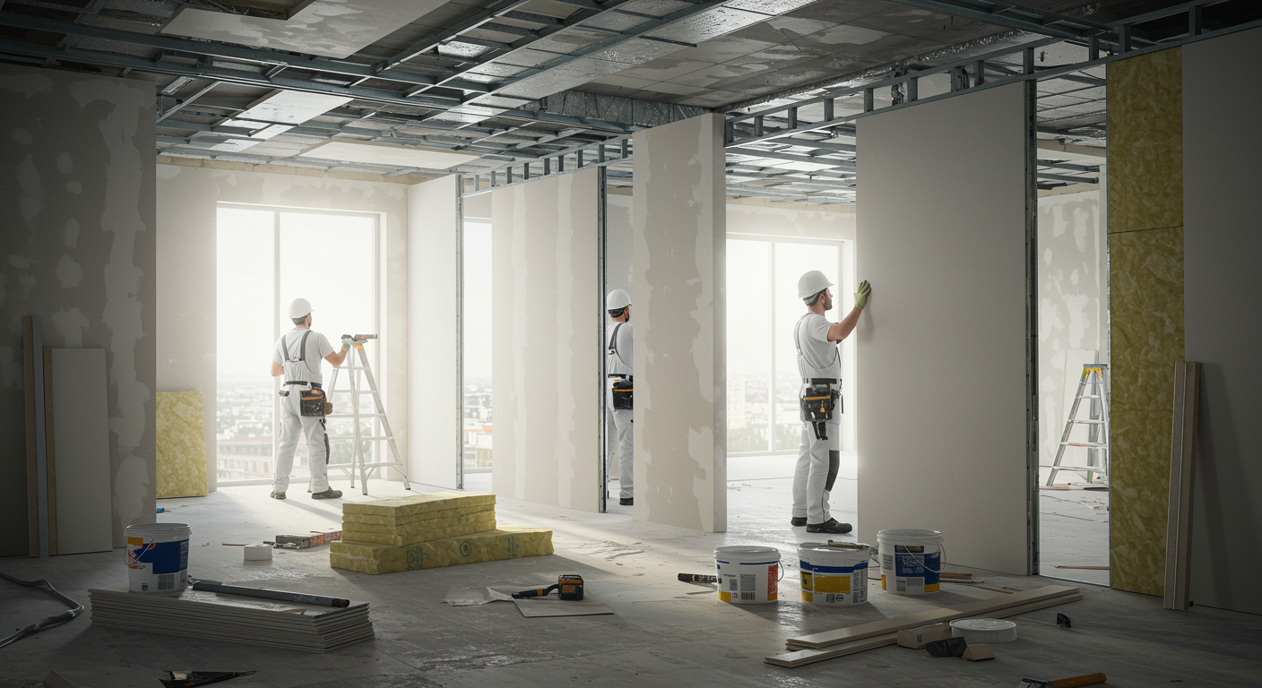 imagen26 3 "Ilustración digital hiperrealista de un interior moderno en renovación, mostrando a trabajadores instalando pladur para mejorar el rendimiento térmico y acústico en un ambiente elegante y organizado."