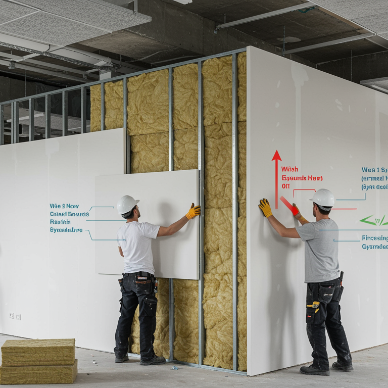 "Renderizado fotorrealista de un interior moderno en construcción, con trabajadores instalando paneles de yeso y mostrando aislamiento mineral, enfatizando eficiencia energética y reducción de ruido."