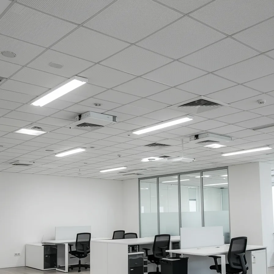 "Imagen de oficina moderna con sistemas de techos fijos y suspendidos, luces LED integradas y mobiliario contemporáneo en un entorno profesional."